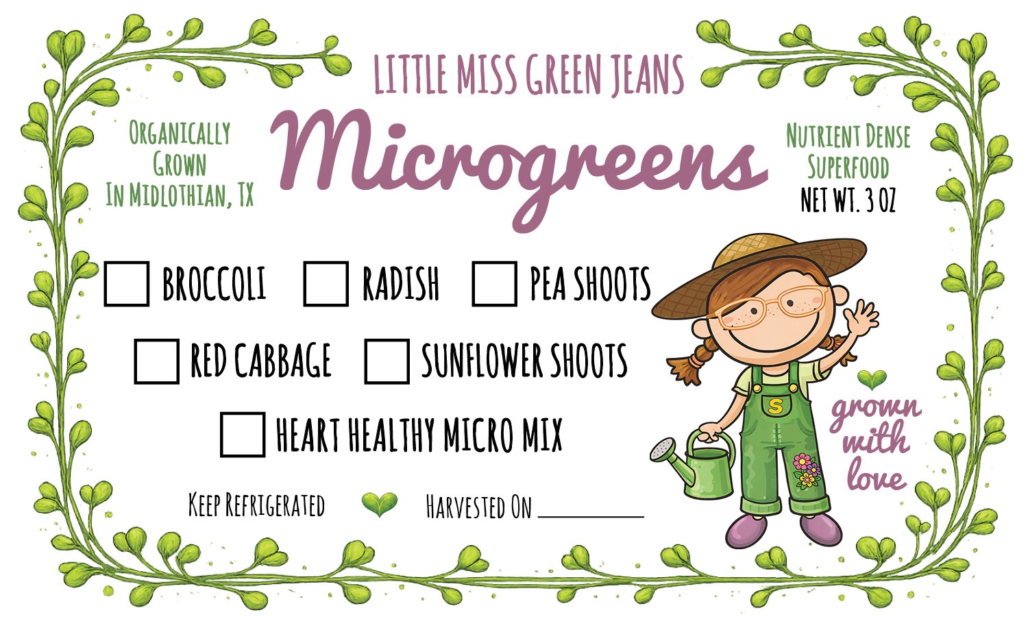 Little Miss Green Jeans Microgreens label — organically grown in Midlothian, TX, nutrient-dense superfood, net wt 3 oz