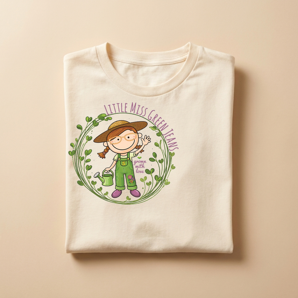 Little Miss Green Jeans t-shirt — the freckled girl in green overalls and a sun hat with her watering can, ringed by a microgreen wreath and the farm name